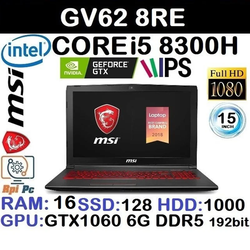 لپ تاپ استوک وارداتی گیمینگ MSI GV62 8RE با پردازشگر CORE i5 8300H رم16DDR4 هارد128NVME+1000 SATA گرافیک GTX 1060 6G DDR5