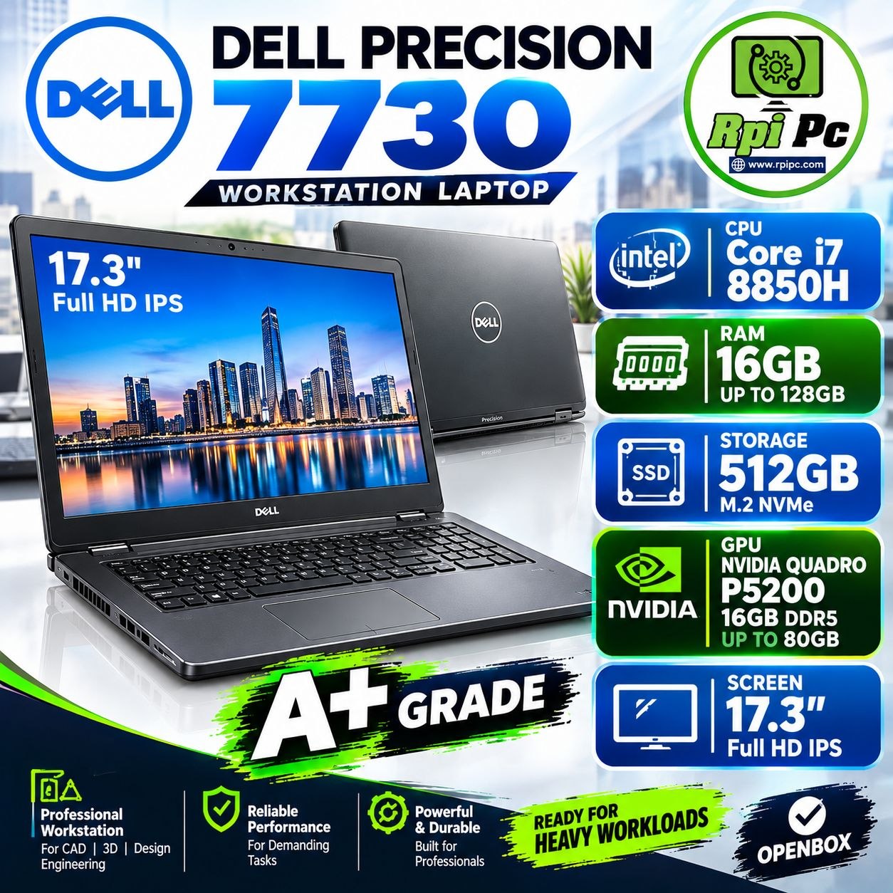 لپ تاپ رندرینگ ورک استیشن استوک دل مدل USED STOCK LAPTOP  DELL PRECISION 7730 | CORE i7-8850H |RAM 16GB | 512GB SSD M2 | GPU NVIDIA16GB DDR5