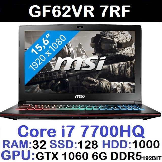 لپ تاپ استوک وارداتی گیمینگ MSI GF62VR 7RF با پردازشگر CORE i7 7700HQ رم32DDR4 هارد128NVME+1000SATA گرافیک GTX 1060 6G DDR5