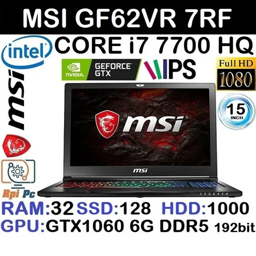 لپ تاپ استوک وارداتی گیمینگ MSI GF62VR 7RF با پردازشگر CORE i7 7700HQ رم32DDR4 هارد128NVME+1000SATA گرافیک GTX 1060 6G DDR5