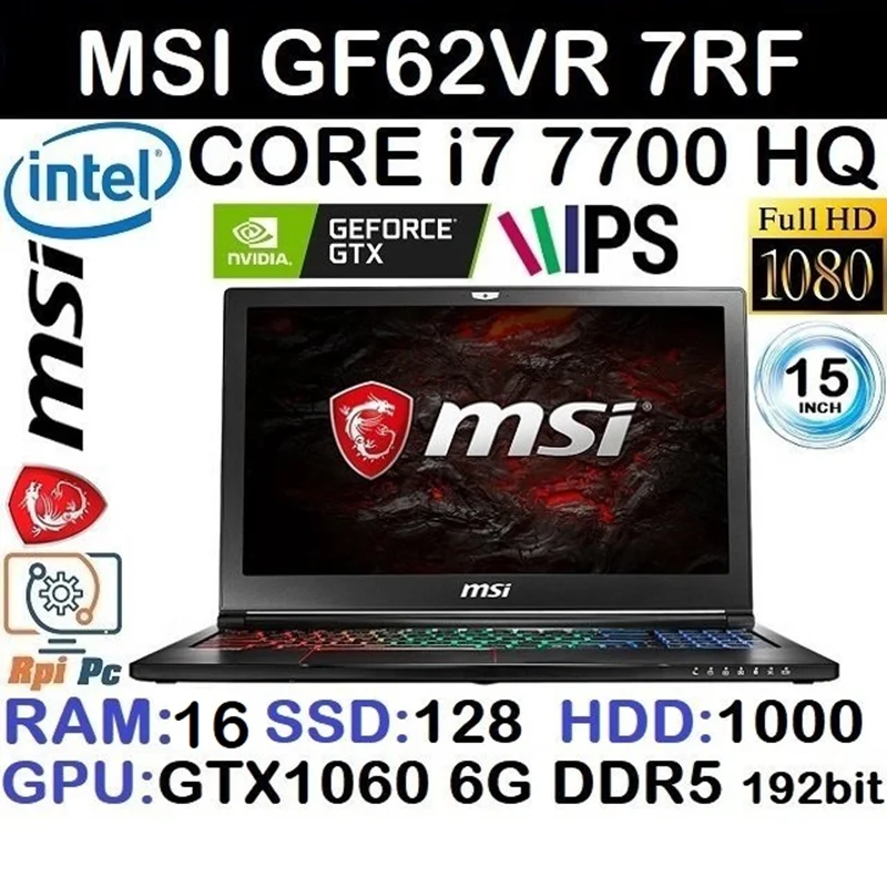 لپ تاپ استوک وارداتی گیمینگ MSI GF62VR 7RF با پردازشگر CORE i7 7700HQ رم16DDR4 هارد128NVME+1000SATA گرافیک GTX 1060 6G DDR5