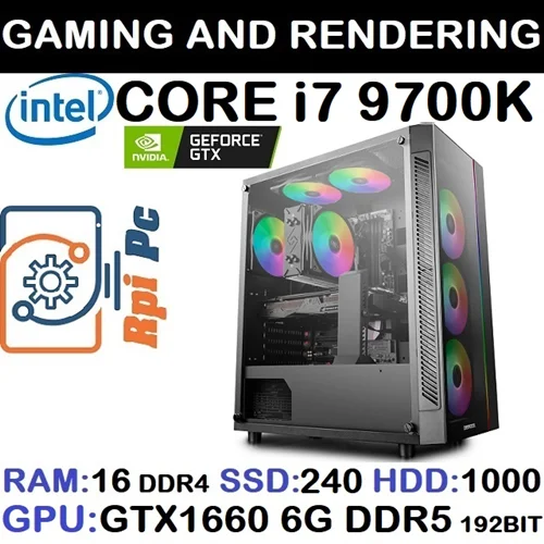 کیس گیمینگ و رندرینگ آکبند اسمبل شده Rpi Pc با پردازشگر Core i7 نسل نهم رم 16DDR4 گرافیک GTX1660 6G DDR5 192BIT