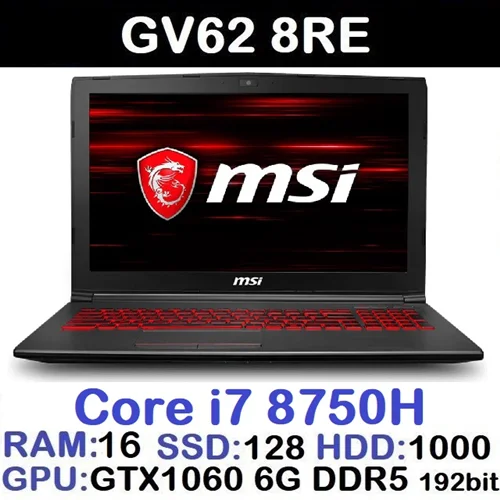 لپ تاپ استوک وارداتی گیمینگ MSI GV62 8RE با پردازشگر CORE i7 8750H رم16DDR4 هارد128NVME+1000 SATA گرافیک GTX 1060 6G DDR5