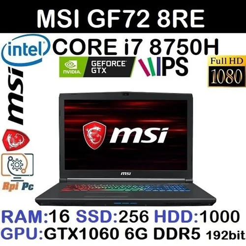 لپ تاپ استوک وارداتی گیمینگ  MSI GF72 8RE با پردازشگر CORE i7 8750H رم16DDR4 هارد256NVME+1000SATA گرافیک GTX 1060 6G DDR5