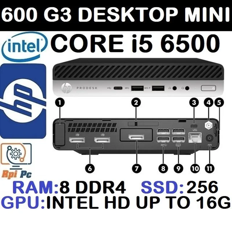 کیس استوک وارداتی HP ProDesk 600 G3 Desktop Mini با پردازشگر Core i5 نسل 6 رم8DDR4 هارد SSD 256 گرافیک اینتل مجتمع 16G