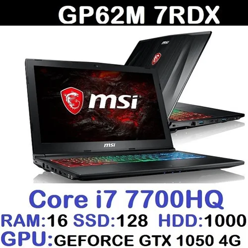 لپ تاپ استوک وارداتی گیمینگ MSI GP62M 7RDX با پردازشگر CORE i7 7700HQ رم16DDR4 هارد128NVME+1000SATA گرافیک GTX 1050 4G DDR5