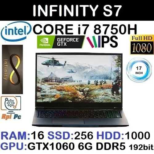 لپ تاپ استوک وارداتی گیمینگ  INFINITY S7 با پردازشگر CORE i7 8750H رم16DDR4 هارد256NVME+1000SATA گرافیک GTX 1060 6G DDR5