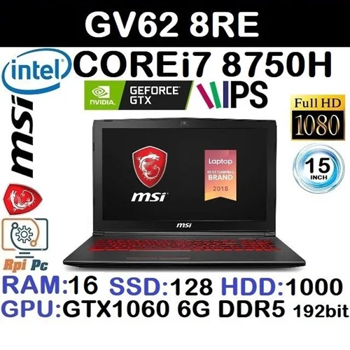 لپ تاپ استوک وارداتی گیمینگ MSI GV62 8RE با پردازشگر CORE i7 8750H رم16DDR4 هارد128NVME+1000 SATA گرافیک GTX 1060 6G DDR5