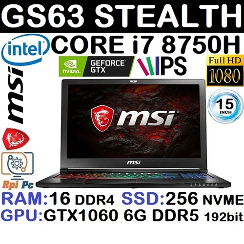 لپ تاپ استوک وارداتی گیمینگ MSI GS63 با پردازشگر CORE i7 8750H رم16DDR4 هارد256NVME+1000SATA گرافیک GTX 1060 6G DDR5
