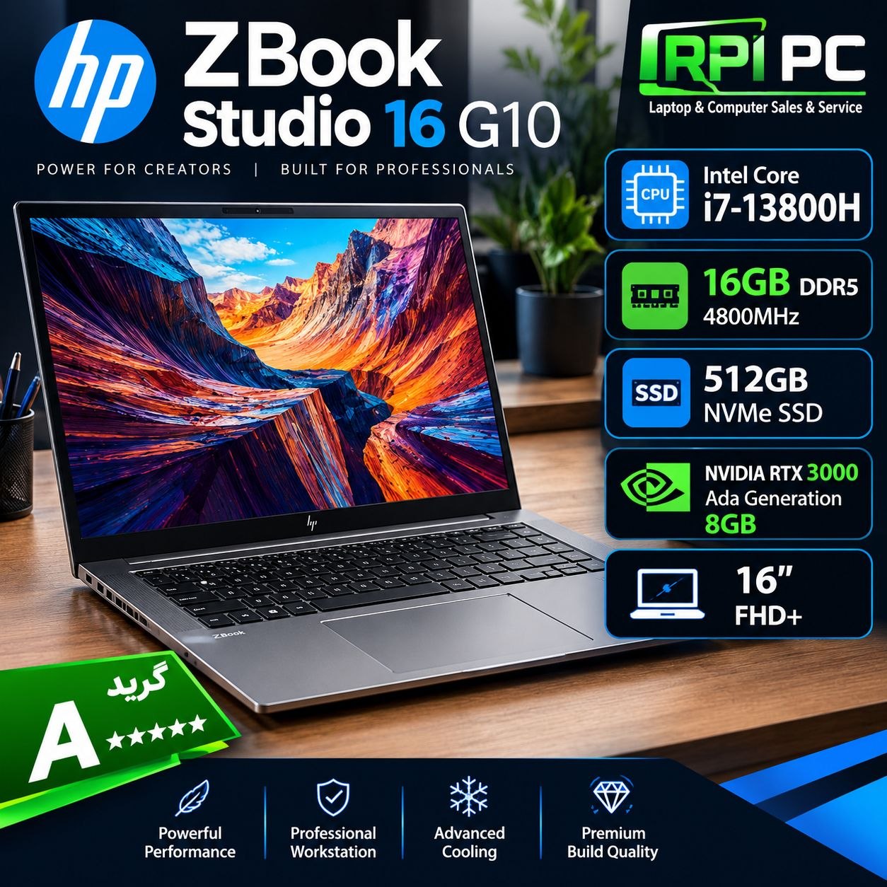 لپ تاپ اچ پی استوک ورک استیشن زدبوک استودیو نسل 13 USED LAPTOP STOCK HP ZBOOK16 STUDIO  G10  i7 13800H/RAM 16/SSD 512G M2/RTX 3000 8GB DDR6