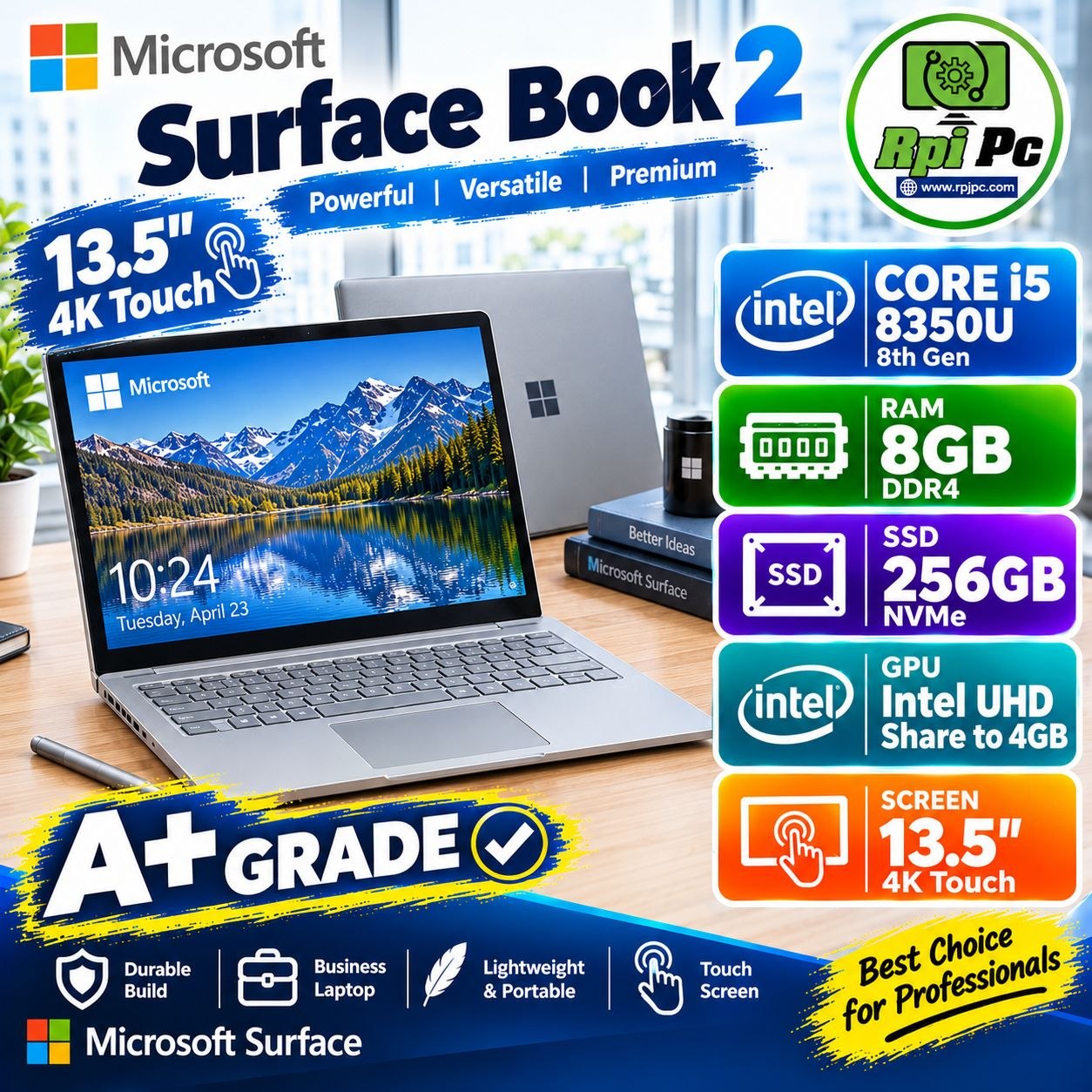 لپ تاپ استوک لمسی صفحه 4Kمایکروسافت سرفیس بوک 2نسل هشتم USED LAPTOP SURFACE BOOK 2 | INTEL CORE i5-8350U |RAM 8GB | 256GB SSD M2 | 13.5"|4K |