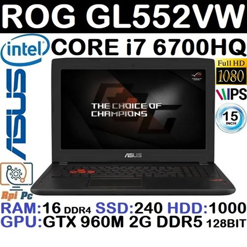 لپ تاپ استوک وارداتی گیمینگ ASUS ROG GL552VW با پردازشگر Core i7 نسل ششم رم16DDR4 هاردSSD 240 +HDD 1000 گرافیک GTX 960M 2G DDR5