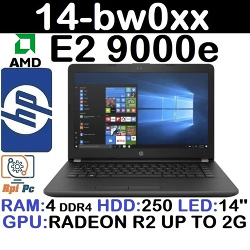 لپ تاپ استوک وارداتی HP 14-bwoxx پردازشگر AMD E2 9000e رم 4DDR4 هارد250 گرافیک RADEON R2 با LED 14