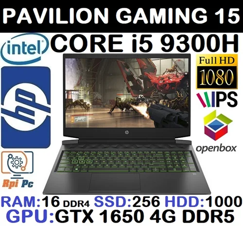 لپ تاپ استوک وارداتی گیمینگ HP Pavilion Gaming 15-dk0056wm با پردازشگر CORE i5 نسل9 رم16DDR4 گرافیک GTX 1650 4G DDR5 با LED 15 اوپن باکس