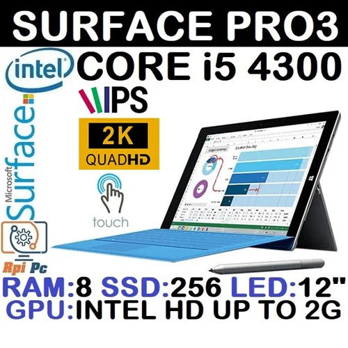لپ تاپ استوک وارداتی MICROSOFT SURFACE PRO3 با پردازشگر Core i5 4300 نسل چهارم رم 8DDR3 گرافیک اینتل مجتمع 2G با LED 12 لمسی با قلم