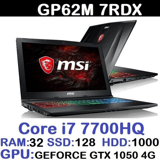 لپ تاپ استوک وارداتی گیمینگ MSI GP62M 7RDX با پردازشگر CORE i7 7700HQ رم32DDR4 هارد128NVME+1000SATA گرافیک GTX 1050 4G DDR5