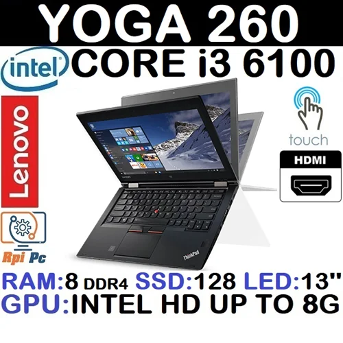 لپ تاپ استوک وارداتی LENOVO YOGA 260 با پردازشگر Core i3 نسل ششم رم8DDR4 هارد 128G SSD NVME گرافیک اینتل مجتمع 8G لمسی