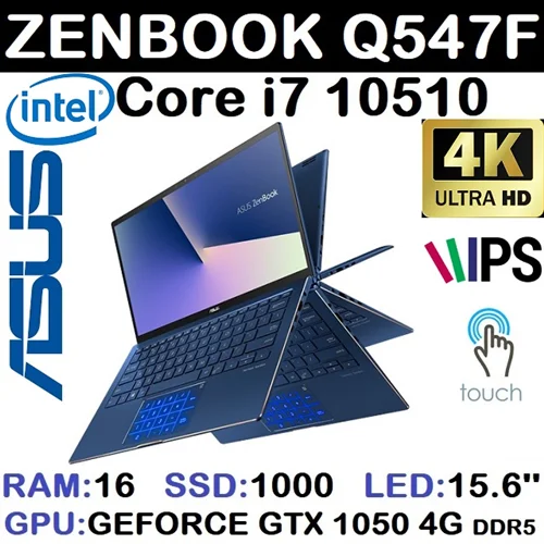 لپ تاپ استوک وارداتی ASUS ZENBOOK با پردازشگر Core i7 10510 نسل دهم رم 16DDR4 گرافیک GTX 1050 4G DDR5 با LED 15 لمسی