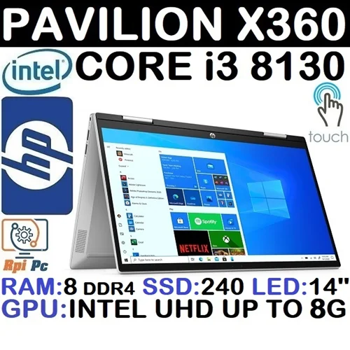 لپ تاپ استوک وارداتی HP PAVILION X360 با پردازشگر CORE i3 نسل 8 رم8DDR4 هاردSSD240 گرافیک اینتل UHD مجتمع 8G لمسی