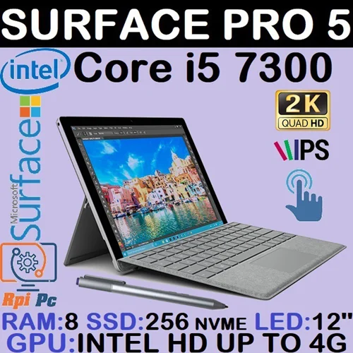 لپ تاپ استوک وارداتی سرفیس MICROSOFT SURFACE PRO5 با پردازشگر Core i5 7300 نسل هفتم رم8 گرافیک اینتل مجتمع 4G با LED 12 لمسی با قلم
