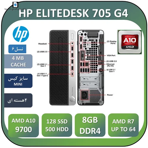 مینی کامپیوتر استوک اچ پی گرافیکدار  HP ELITEDESK 705 G4  AMD A10-9700 RAM8DDR4 SSD 128 M2 NVME  HDD500