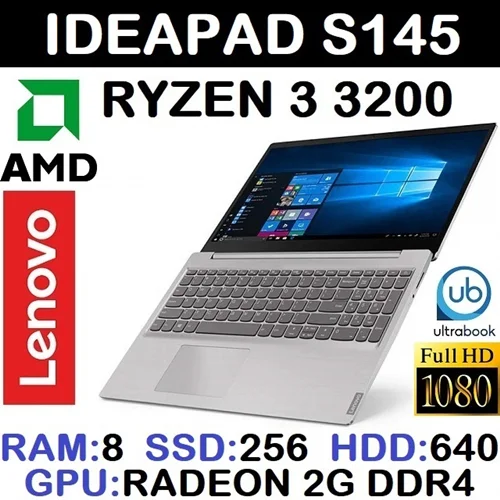 لپ تاپ استوک وارداتی LENOVO IDEAPAD S145 با پردازشگر RYZEN 3 3200 رم 8DDR3 گرافیک RADEON 2G DDR4 با LED 15