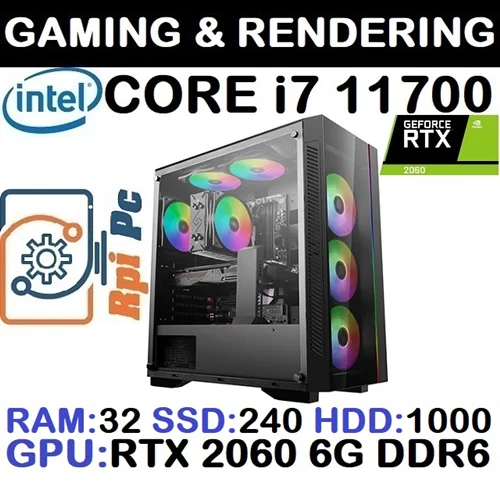 کیس گیمینگ و رندرینگ آکبند اسمبل شده Rpi Pc با پردازشگر Core i7 نسل 11 رم32DDR4 هارد SSD240 + HDD1000 گرافیک GEFORCE RTX 2060 6G DDR6